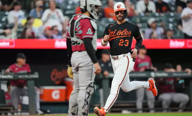 Baltimore Orioles' Blaze Alexander (23) scores past Arizona Diamondbacks catcher Adrian del Castillo, left, on an RBI triple hit by Orioles' Gunnar Henderson during the third inning of a baseball game, Monday, April 13, 2026, in Baltimore. (AP Photo/Stephanie Scarbrough)