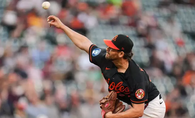 Baltimore Orioles starting pitcher Dean Kremer delivers during the second inning of a baseball game against the Arizona Diamondbacks, Monday, April 13, 2026, in Baltimore. (AP Photo/Stephanie Scarbrough)