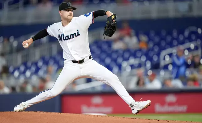 Miami Marlins starting pitcher Janson Junk pitches during the first inning of a baseball game against the St. Louis Cardinals, Wednesday, April 22, 2026, in Miami. (AP Photo/Rebecca Blackwell)