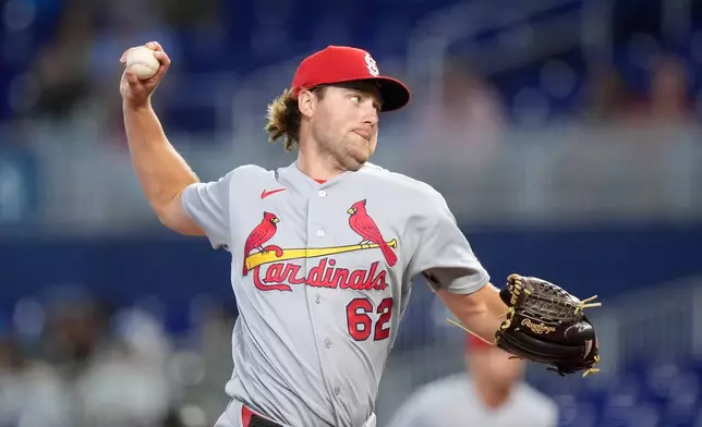 St. Louis Cardinals starting pitcher Kyle Leahy pitches during the second inning of a baseball game against the Miami Marlins, Wednesday, April 22, 2026, in Miami. (AP Photo/Rebecca Blackwell)