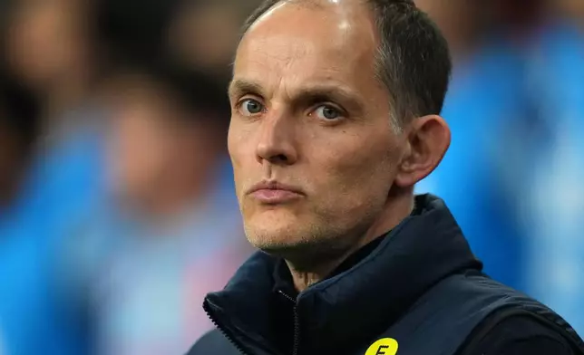 England's head coach Thomas Tuchel looks on before the start of the International friendly soccer match between England and Japan in London, Tuesday, March 31, 2026 . (AP Photo/Kirsty Wigglesworth)