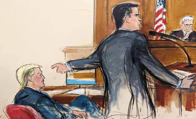 FILE - This artist depiction shows defense attorney Todd Blanche pointing at former President Donald Trump while giving his opening statement to the jury in Manhattan criminal court Monday, April 22, 2024, in New York. (Elizabeth Williams via AP, File)
