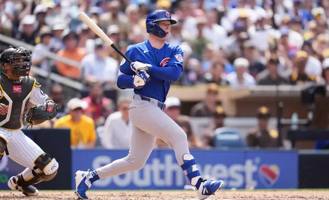 Chicago Cubs' Pete Crow-Armstrong watches his RBI groundout during the sixth inning of a baseball game against the San Diego Padres Wednesday, April 29, 2026, in San Diego. (AP Photo/Gregory Bull)
