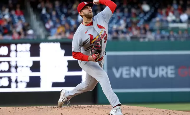 St. Louis Cardinals pitcher Matthew Liberatore throws during the first inning of a baseball game against the Washington Nationals, Tuesday, April 7, 2026, in Washington. (AP Photo/Daniel Kucin Jr.)
