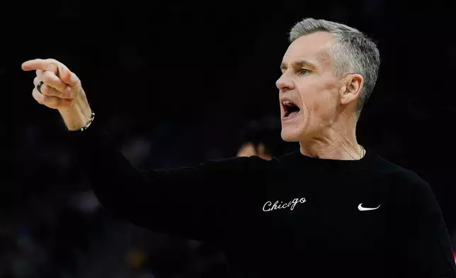 FILE - Chicago Bulls head coach Billy Donovan reacts during the first half of an NBA basketball game against the Golden State Warriors, March 10, 2026, in San Francisco. (AP Photo/Godofredo A. Vásquez, File)