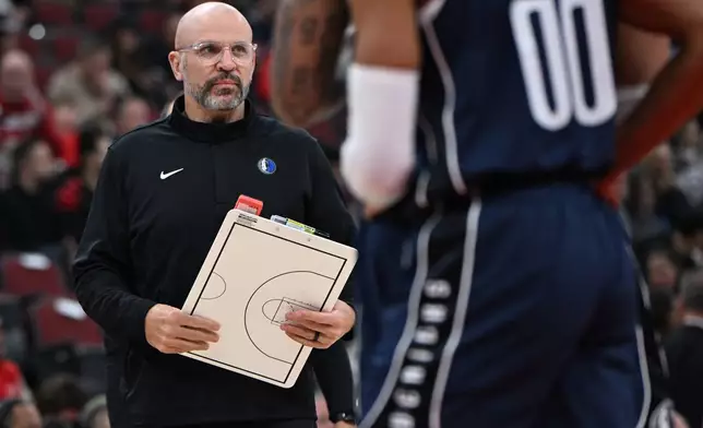 FILE - Dallas Mavericks head coach Jason Kidd looks on before being ejected during the first half of an NBA basketball game against the Chicago Bulls, Jan. 10, 2026, in Chicago. (AP Photo/Paul Beaty, File)