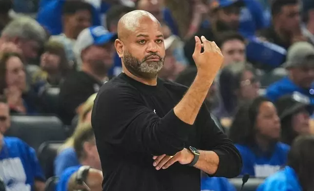 Detroit Pistons head coach J.B. Bickerstaff directs his players on the court during the first half in Game 4 of a first-round NBA basketball playoff series against the Orlando Magic, Monday, April 27, 2026, in Orlando, Fla. (AP Photo/John Raoux)