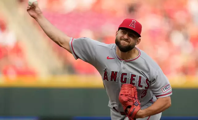 Los Angeles Angels pitcher Chase Silseth throws during the eighth inning of a baseball game against the Cincinnati Reds in Cincinnati, Saturday, April 11, 2026. (AP Photo/Carolyn Kaster)