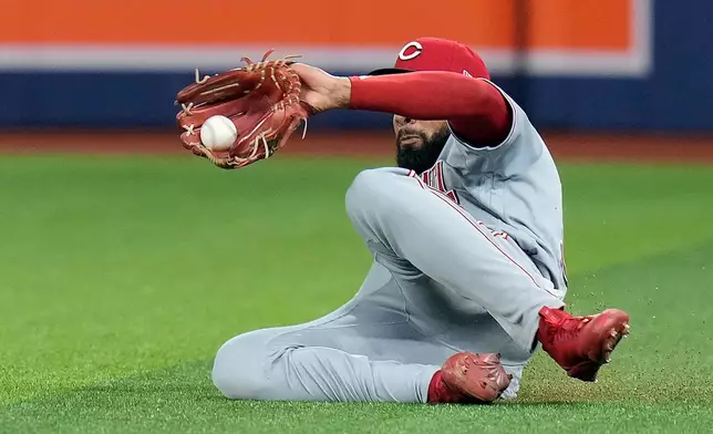 Cincinnati Reds right fielder Rece Hinds makes a sliging catch on a fly out by Tampa Bay Rays' Richie Palacios during the fourth inning of a baseball game Monday, April 20, 2026, in St. Petersburg, Fla. (AP Photo/Chris O'Meara)