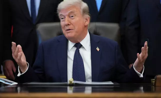 President Donald Trump speaks during an event on health care affordability in the Oval Office at the White House, Thursday, April 23, 2026, in Washington. (AP Photo/Mark Schiefelbein)