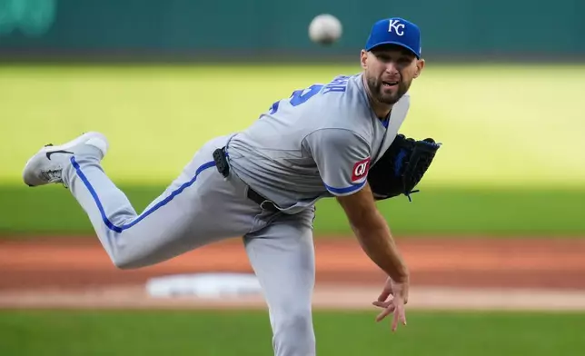 Kansas City Royals' Michael Wacha pitches in the first inning of a baseball game against the Cleveland Guardians in Cleveland, Monday, April 6, 2026. (AP Photo/Sue Ogrocki)