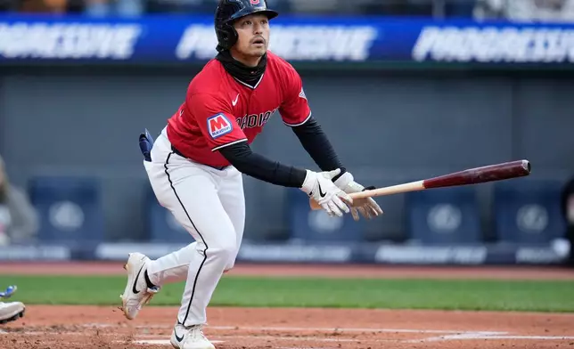 Cleveland Guardians' Steven Kwan watches his home run in the thirtd inning of a baseball game against the Kansas City Royals in Cleveland, Monday, April 6, 2026. (AP Photo/Sue Ogrocki)