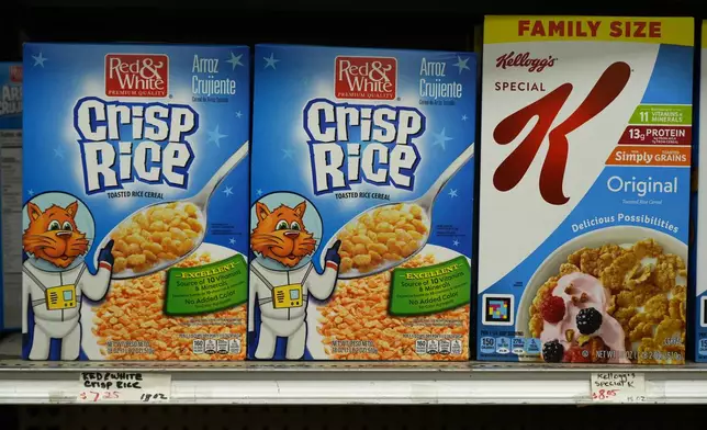 Red &amp; White Crisp Rice cereal is sold for $7.25 per 18-ounce box at a market serving the Central American immigrant community in the Westlake/Pico Union area of Los Angeles, Tuesday, April 7, 2026. (AP Photo/Damian Dovarganes)