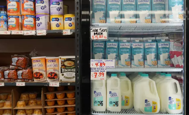 Pantry staples, including infant formula and dairy products, are sold at a market serving the Central American immigrant community in the Westlake/Pico Union area of Los Angeles, Tuesday, April 7, 2026. (AP Photo/Damian Dovarganes)