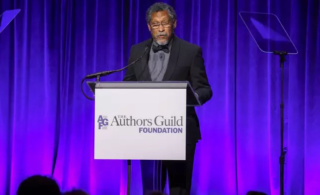 Percival Everett speaks at the Authors Guild Foundation Gala at Cipriani Wall Street on Monday, April 20, 2026, in New York. (Photo by Andy Kropa/Invision/AP)