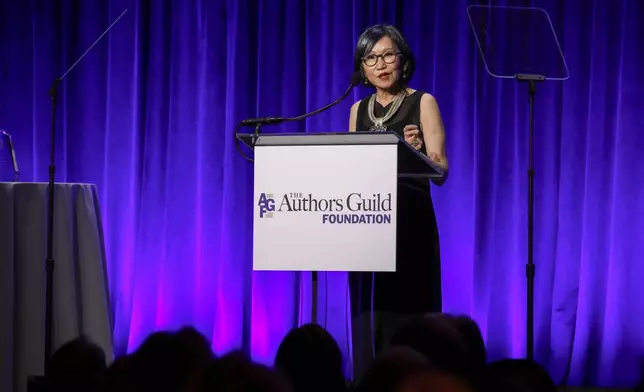 Amy Tan speaks at the Authors Guild Foundation Gala at Cipriani Wall Street on Monday, April 20, 2026, in New York. (Photo by Andy Kropa/Invision/AP)