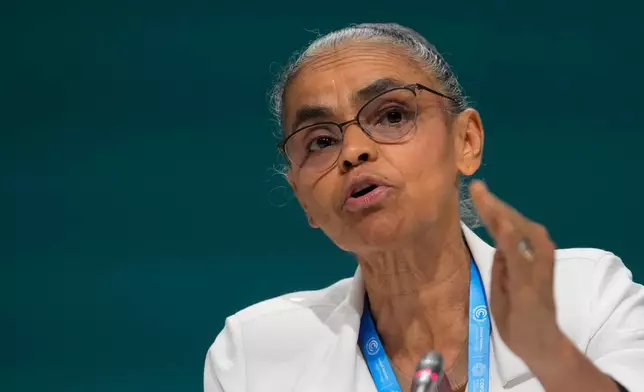 FILE - Marina Silva, Brazil environment minister, speaks during a news conference at the COP29 U.N. Climate Summit, Nov. 23, 2024, in Baku, Azerbaijan. (AP Photo/Rafiq Maqbool, File)