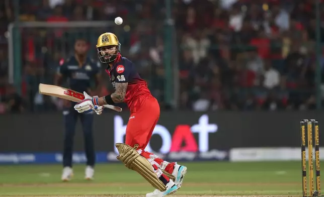 Royal Challengers Bengaluru's Virat Kohli plays a shot during the Indian Premier League cricket match between Royal Challengers Bengaluru and Gujarat Titans in Bengaluru, India, Friday, April 24, 2026. (AP Photo)