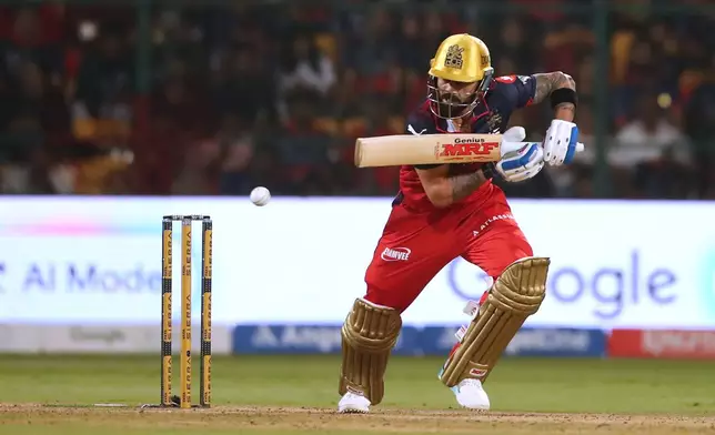 Royal Challengers Bengaluru's Virat Kohli plays a shot during the Indian Premier League cricket match between Royal Challengers Bengaluru and Gujarat Titans in Bengaluru, India, Friday, April 24, 2026. (AP Photo)