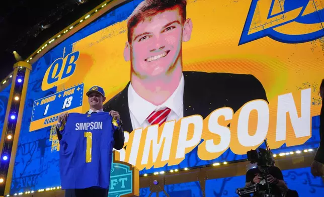 Alabama quarterback Ty Simpson poses after being chosen by the Los Angeles Rams with the 13th overall pick during the first round of the NFL football draft, Thursday, April 23, 2026, in Pittsburgh. (AP Photo/Gene J. Puskar)