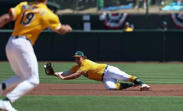 Athletics first baseman Nick Kurtz, right, misses a ball hit by Houston Astros' Christian Walker (not shown) during the first inning of a baseball game Saturday, April 4, 2026, in West Sacramento, Calif. (AP Photo/Sara Nevis)