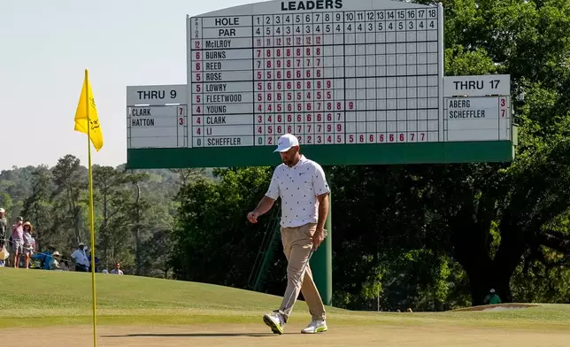 Scottie Scheffler walks to his ball on the 18th hole during the third round of the Masters golf tournament at the Augusta National Golf Club, Saturday, April 11, 2026, in Augusta, Ga. (AP Photo/David J. Phillip)