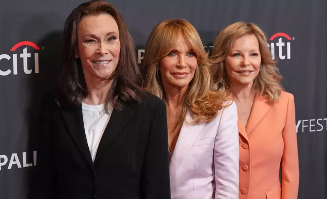 From left, Kate Jackson, Jaclyn Smith and Cheryl Ladd, cast members in the classic television series "Charlie's Angels," pose together at the PaleyFest LA 50th anniversary celebration of the show on Monday, April 6, 2026, at Dolby Theatre in Los Angeles. (AP Photo/Chris Pizzello)