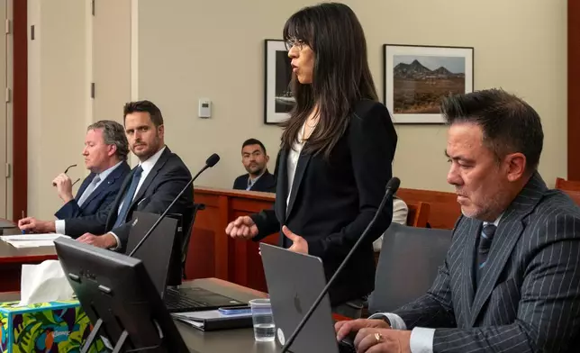 Attorney Daniela Diaz makes a comment during a hearing on a protective order sought by a former partner against Taylor Frankie Paul, in 3rd District Court in Salt Lake City, Tuesday, April 7, 2026. (Rick Egan/The Salt Lake Tribune via AP, Pool)