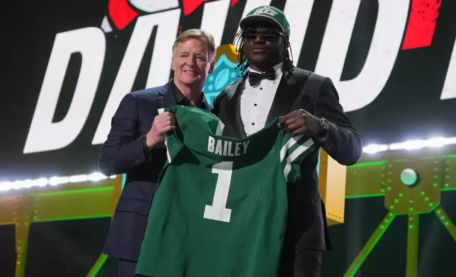 Texas Tech linebacker David Bailey, right, poses with NFL Commissioner Roger Goodell after being chosen by the New York Jets with the second overall pick during the first round of the NFL football draft, Thursday, April 23, 2026, in Pittsburgh. (AP Photo/Gene J. Puskar)