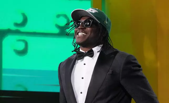 Texas Tech linebacker David Bailey celebrates after being chosen by the New York Jets with the second overall pick during the first round of the NFL football draft, Thursday, April 23, 2026, in Pittsburgh. (AP Photo/Gene J. Puskar)