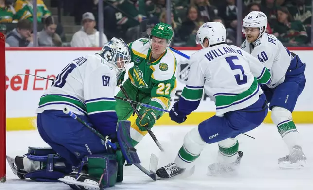 Minnesota Wild right wing Danila Yurov (22) shoots the puck against Vancouver Canucks goaltender Nikita Tolopilo (60) during the first period of an NHL hockey game Thursday, April 2, 2026, in St. Paul, Minn. (AP Photo/Matt Krohn)