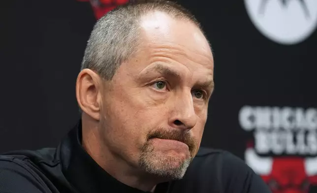FILE - Chicago Bulls Executive Vice President, Basketball Operations Arturas Karnisovas speaks during a news conference during the team's NBA basketball media day, in Chicago, Sept. 29, 2025. (AP Photo/Nam Y. Huh, File)