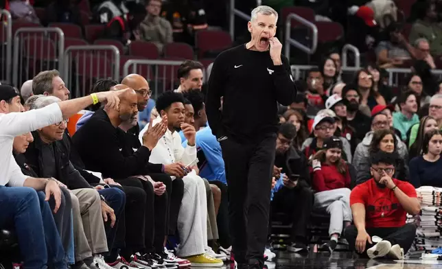 Chicago Bulls head coach Billy Donovan reacts as he watches his team during the first half of an NBA basketball game against the Phoenix Suns, in Chicago, Sunday, April 5, 2026. (AP Photo/Nam Y. Huh)