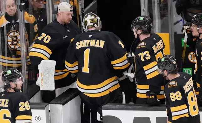 Boston Bruins goaltender Jeremy Swayman (1) heads to the locker room following a loss to the Buffalo Sabres in Game 3 of a first-round NHL hockey Stanley Cup playoff series, Thursday, April 23, 2026, in Boston. (AP Photo/Charles Krupa)