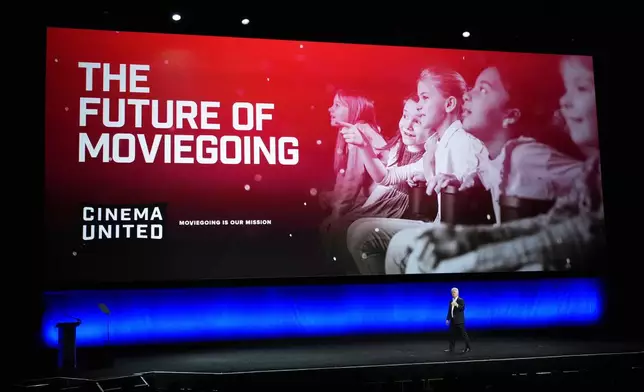 FILE - Michael O'Leary, president and CEO of Cinema United, speaks during the "State of the Industry" presentation at CinemaCon in Las Vegas on April 1, 2025. (AP Photo/Chris Pizzello, File)
