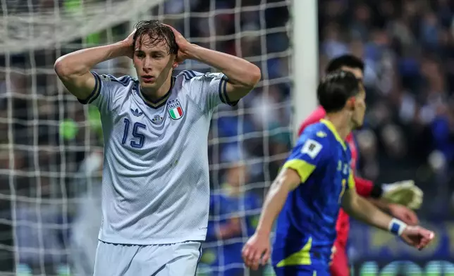Italy's Francesco Pio Esposito reacts during the World Cup qualifying playoff final soccer match between Bosnia and Italy in Zenica, Bosnia, Tuesday, March 31, 2026. (AP Photo/Armin Durgut)