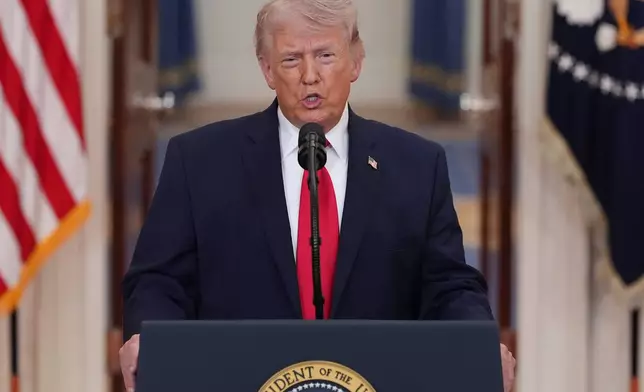 President Donald Trump speaks about the Iran war from the Cross Hall of the White House on Wednesday, April 1, 2026, in Washington. (AP Photo/Alex Brandon, Pool)