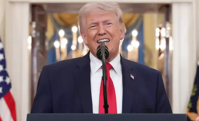 President Donald Trump speaks about the Iran war from the Cross Hall of the White House on Wednesday, April 1, 2026, in Washington. (AP Photo/Alex Brandon, Pool)