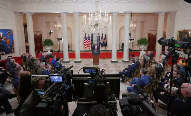 President Donald Trump speaks about the Iran war from the Cross Hall of the White House on Wednesday, April 1, 2026, in Washington. (AP Photo/Alex Brandon, Pool)