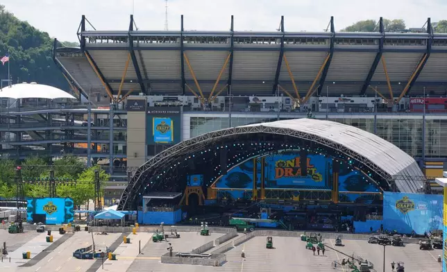 Work continues on the draft stage ahead of the NFL football draft, Wednesday, April 22, 2026, in Pittsburgh. (AP Photo/Gene J. Puskar)