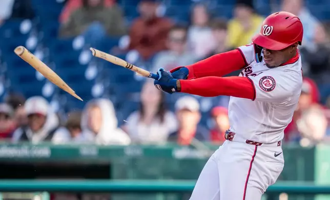Washington Nationals third baseman José Tena breaks his bat against the St. Louis Cardinals in the fifth inning during a baseball game, Wednesday, April 8, 2026, in Washington. (AP Photo/Nathan Howard)