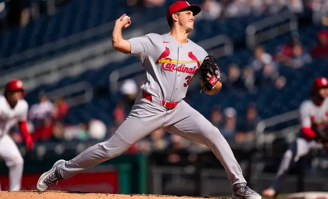 St. Louis Cardinals pitcher Michael McGreevy pitches against the Washington Nationals during the first inning of a baseball game, Wednesday, April 8, 2026, in Washington. (AP Photo/Nathan Howard)