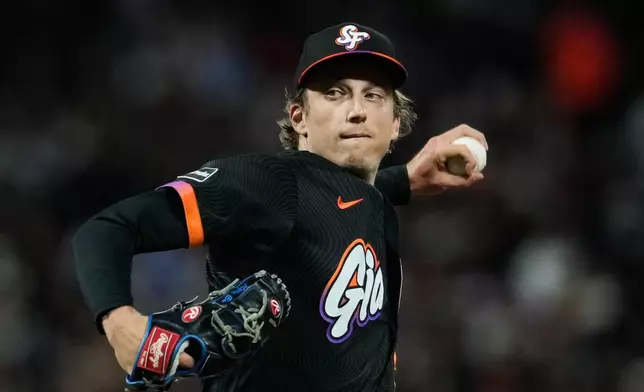 San Francisco Giants' Ryan Borucki pitches to a Los Angeles Dodgers batter during the sixth inning of a baseball game Tuesday, April 21, 2026, in San Francisco. (AP Photo/Godofredo A. Vásquez)