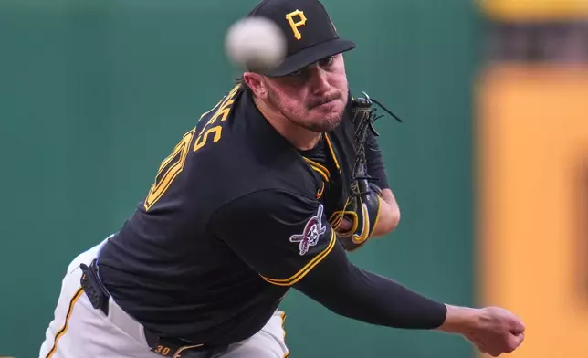 Pittsburgh Pirates pitcher Paul Skenes delivers during the first inning of a baseball game against the Washington Nationals in Pittsburgh, Monday, April 13, 2026. (AP Photo/Gene J. Puskar)