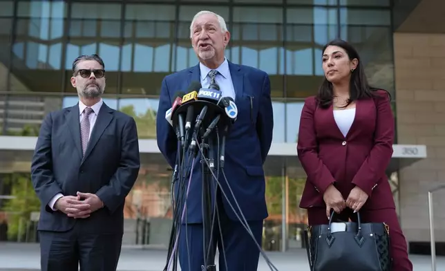 Craig Rothfeld, Criminalist and Prison Consultant, left, Mark Geragos, Defense Attorney, middle, and Alexandra Kazarian, Defense Attorney hold a news conference after a federal judge handed down a sentence of 15 years in prison to Ivanna Lisette Ortiz, who pleaded guilty to selling "Friends" star Matthew Perry the ketamine that killed him in a 2023 overdose on Wednesday, April 8, 2026 in Los Angeles. (AP Photo/Damian Dovarganes)