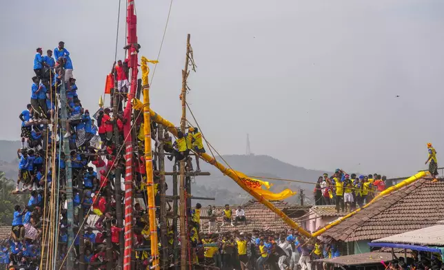 Onlookers step back as a decorated bamboo pole snaps moments after being raised by members of the Agri-Koli community as part of a centuries-old annual tradition honoring the local goddess Raiba Devi, in Rave village near Mumbai, India, Friday, April 17, 2026. (AP Photo/Rafiq Maqbool)