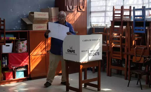 A voter looks at a ballot before marking his candidates during general elections in Lima, Peru, on Sunday, April 12, 2026. (AP Photo/Martin Mejia)