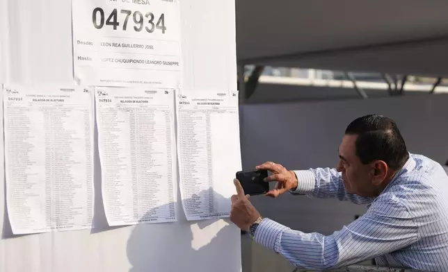 A man checks a voter list at a polling station during general elections in Lima, Peru, Sunday, April 12, 2026. (AP Photo/Guadalupe Pardo)