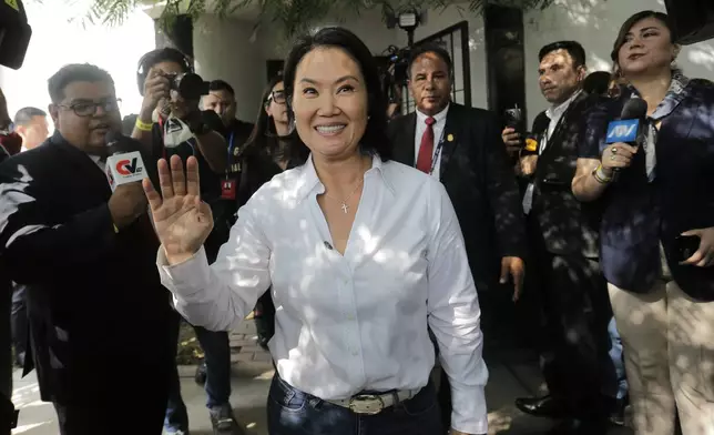 Keiko Fujimori, presidential candidate of the Popular Force party, after a breakfast with supporters on general elections day in Lima, Peru, Sunday, April 12, 2026. (AP Photo/Gerardo Marin)