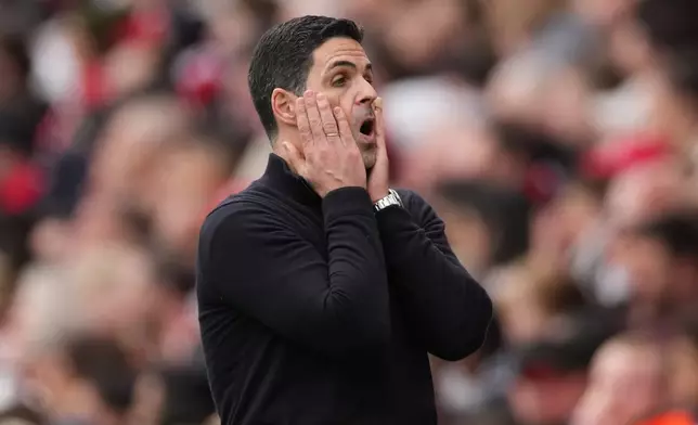 Arsenal's manager Mikel Arteta reacts during the Premier League soccer match between Arsenal and Bournemouth in London, England Saturday, April 11, 2026. (AP Photo/Dave Shopland)